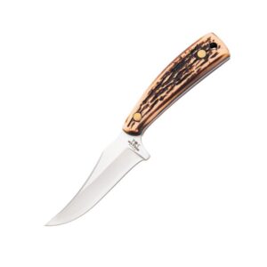 Bear & Son Upswept Skinner fixed knife with 3-1/8 inch clip point blade, stag Delrin handle and leather sheath