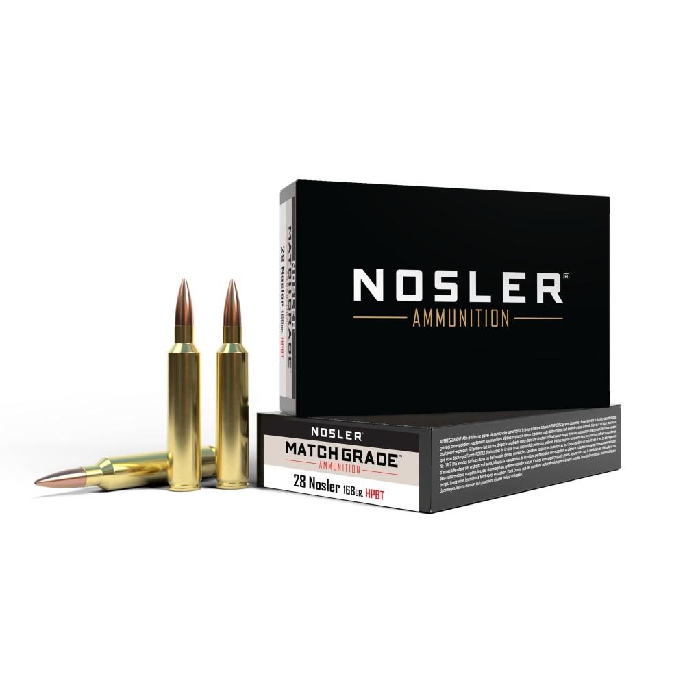Nosler Match Grade Rifle Ammunition 28 NOS 168 Gr HPBT 3075 Fps 20/ct ler Match Grade Rifle Ammunition 28 NOS 168 Gr HPBT 3075 Fps 20/ct Ammo